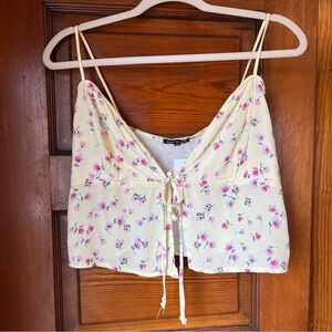 Heart & Hips Butter Yellow Floral Crop Top with Pink and Blue Accents